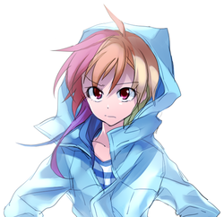Size: 651x629 | Tagged: safe, artist:re_ghotion, rainbow dash, human, g4, clothes, female, hoodie, humanized, looking at you, simple background, solo, white background