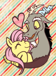 Size: 410x552 | Tagged: dead source, safe, artist:ilovehyou446, discord, fluttershy, g4, female, heart, hug, male, ship:discoshy, shipping, straight