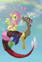 Size: 732x1090 | Tagged: safe, artist:veliska, discord, fluttershy, butterfly, draconequus, pony, g4, cute, discute, female, looking at something, male, profile, ship:discoshy, shipping, shyabetes, straight