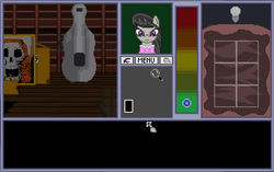 Size: 641x402 | Tagged: safe, artist:herooftime1000, octavia melody, earth pony, pony, octavia in the underworld's cello, g4, attic, case, creepy, easter egg, fan game, haunted, haunted house, picture, pixel art, scarlet o'hara, uninvited