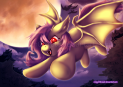 Size: 1500x1059 | Tagged: safe, artist:crispych0colate, fluttershy, g4, female, flutterbat, flying, glowing eyes, solo, watermark