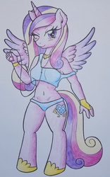 Size: 1238x1990 | Tagged: safe, artist:warumono1989, princess cadance, anthro, g4, belly button, female, ipod, midriff, solo, traditional art, wink