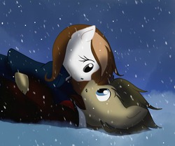 Size: 566x474 | Tagged: safe, artist:hikariviny, doctor whooves, time turner, oc, oc:sweet lullaby, g4, shipping, snow, snowfall