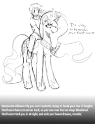 Size: 1000x1300 | Tagged: safe, artist:mewball, edit, princess celestia, human, g4, crown, dialogue, feels, horseshoes, humans riding ponies, jewelry, looking back, momlestia, monochrome, nervous, peytral, regalia, riding, smiling, standing, you will never x