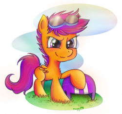 Size: 1840x1719 | Tagged: safe, artist:mugg1991, scootaloo, pegasus, pony, g4, female, filly, goggles, grass, helmet, smiling, solo