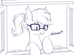 Size: 1600x1200 | Tagged: safe, artist:xn-d, oc, oc only, oc:mosina, bat pony, pony, cute, glasses, lineart, monochrome, peepee, ponytail, russian, scrunchy face, solo