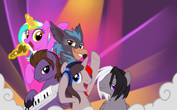 Size: 2880x1800 | Tagged: safe, artist:centchi, oc, oc only, oc:blackgryph0n, oc:mane event, oc:mic the microphone, earth pony, griffon, pegasus, pony, unicorn, bronycon, blackgryph0n, mic the microphone