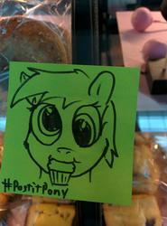 Size: 600x810 | Tagged: safe, artist:postitpony, derpy hooves, pegasus, pony, bronycon, g4, female, mare, muffin, solo, traditional art