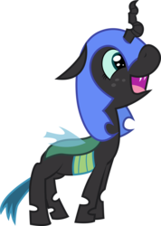 Size: 1280x1799 | Tagged: safe, artist:syggie, queen chrysalis, changeling, changeling queen, nymph, ask the changeling princess, g4, cute, cutealis, female, filly, filly queen chrysalis, foal, freckles, helmet, implied nightmare moon, open mouth, princess chrysalis, simple background, sketch, smiling, solo, transparent background, vector, younger