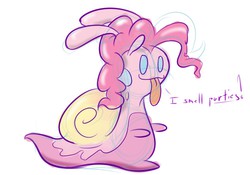 Size: 1000x700 | Tagged: safe, artist:heir-of-rick, pinkie pie, original species, sliggoo, snail, snail pony, g4, :3, :p, crossover, female, pokefied, pokémon, pokémon x and y, simple background, smiling, snailified, solo, species swap, tongue out, white background