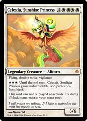 Size: 375x523 | Tagged: safe, artist:nadnerbd, princess celestia, alicorn, pony, g4, cloud, cloudy, crepuscular rays, female, flying, glowing horn, horn, magic, magic the gathering, majestic, mare, trading card