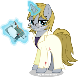 Size: 3286x3228 | Tagged: safe, artist:vector-brony, oc, oc only, oc:triage, pony, unicorn, fallout equestria, fallout equestria: project horizons, cigarette, clothes, fallout, female, glasses, high res, inkscape, laser pistol, looking at you, magic, signature, simple background, smoking, solo, transparent background, vector