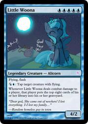 Size: 375x523 | Tagged: safe, artist:darkflame75, princess luna, lunadoodle, g4, cute, eyes closed, female, filly, happy, magic, magic the gathering, moon, moon work, night, oblivious, s1 luna, sitting, smiling, solo, trading card, woona