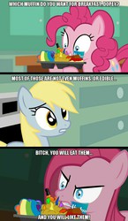 Size: 800x1375 | Tagged: safe, artist:sillyfillystudios, derpy hooves, pinkie pie, pegasus, pony, g4, female, funny, hasbro, mare, meme, muffin, muffins.pon, pinkamena diane pie, youtube link