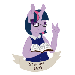Size: 500x500 | Tagged: safe, artist:superdeathsquad, edit, twilight sparkle, anthro, g4, book, female, glasses, looking at you, peace sign, simple background, solo, transparent background