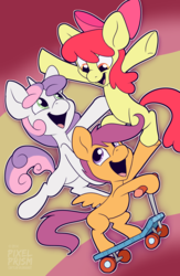 Size: 810x1242 | Tagged: safe, artist:pixel-prism, apple bloom, scootaloo, sweetie belle, g4, cutie mark crusaders, happy