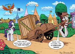 Size: 1024x740 | Tagged: safe, artist:pony-berserker, princess luna, rarity, oc, oc:longhaul, oc:southern comfort, earth pony, giant crab, pegasus, pony, g4, carousel boutique, cart, crate, dark matter, dialogue, i can't believe it's not idw, implied ponies eating meat, implied rarity fighting a giant crab, meat, wagon