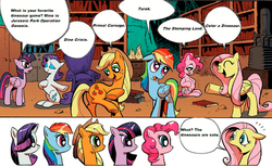 Size: 800x493 | Tagged: safe, idw, applejack, fluttershy, pinkie pie, rainbow dash, rarity, twilight sparkle, alicorn, dinosaur, pony, g4, dino crisis, exploitable meme, female, jurassic park operation genesis, mane 6 interests, mane six, mare, meme, twilight sparkle (alicorn)