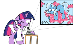 Size: 2000x1300 | Tagged: safe, artist:ramott, trixie, twilight sparkle, alicorn, pony, unicorn, g4, clothes, egophiliac-ish, female, how, inconvenient trixie, lab coat, mare, micro, microscope, microscopic, name tag, one eye closed, simple background, style emulation, twilight sparkle (alicorn), white background, woonoggles, zoomed in