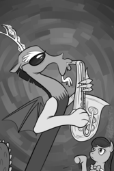 Size: 1000x1500 | Tagged: safe, artist:tapediggity, discord, octavia melody, g4, monochrome, musical instrument, saxophone, sunglasses