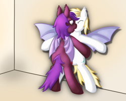 Size: 2000x1596 | Tagged: safe, artist:doipyhoovez, oc, oc only, oc:carmine haze, oc:florence, bat pony, pony, kissing