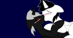 Size: 1424x755 | Tagged: safe, artist:creepypasta, oc, oc only, pegasus, pony, unicorn, black, blushing, gay, kissing, lights, male, nosebleed, shadows, white