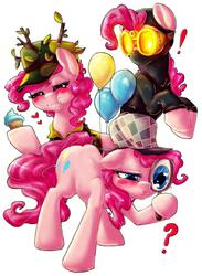 Size: 2247x3068 | Tagged: safe, artist:dimwitdog, pinkie pie, earth pony, pony, dragon quest, g4, mmmystery on the friendship express, the crystal empire, balloon, camouflage, catsuit, clothes, costume, cupcake, deerstalker, detective, explicit source, female, goggles, hat, high res, magnifying glass, mare, pinkie spy, question mark, sherlock holmes, sherlock pie, simple background, solo, white background