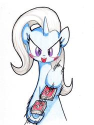 Size: 600x800 | Tagged: dead source, safe, artist:unousaya, trixie, pony, unicorn, g4, blushing, card, female, mare, shuffle, simple background, solo, traditional art