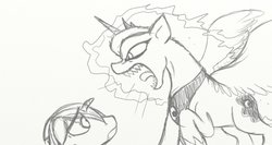 Size: 1024x546 | Tagged: safe, artist:xxmarkingxx, prince blueblood, princess luna, g4, blueabuse, deflated horn, monochrome, scared, sharp teeth, yelling