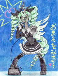 Size: 2143x2798 | Tagged: safe, artist:oriwhitedeer, queen chrysalis, changeling, changeling queen, g4, bipedal, boots, crossover, female, hatsune miku, high res, solo, traditional art, vocaloid