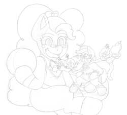 Size: 1592x1444 | Tagged: safe, artist:blackbewhite2k7, applejack, pinkie pie, g4, app-el, bomb, commission, crossover, doll, fight, monochrome, parody, pinklestia, superman, toyman, wip