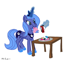 Size: 916x735 | Tagged: dead source, safe, princess luna, alicorn, pony, g4, cheek bulge, clothes, concave belly, eating, female, fork, levitation, magic, mare, nom, object vore, pica, plate, s1 luna, simple background, slender, socks, solo, table, telekinesis, thin, traditional art, wat, white background