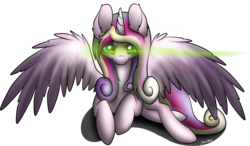 Size: 6249x3638 | Tagged: dead source, safe, artist:strachattack, queen chrysalis, changeling, changeling queen, g4, absurd resolution, disguise, disguised changeling, fake cadance, female, glowing eyes, looking at you, prone, solo, spread wings