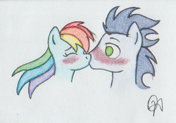 Size: 500x350 | Tagged: safe, artist:olyollyoxenfree, rainbow dash, soarin', pegasus, pony, g4, 2014, blushing, duo, eyes closed, female, kiss on the lips, kissing, male, mare, old art, ship:soarindash, shipping, signature, simple background, stallion, straight, traditional art