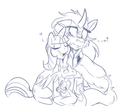 Size: 2773x2409 | Tagged: safe, artist:bluntwhiskey, king sombra, spike, twilight sparkle, alicorn, dragon, pony, g4, confused, eyes closed, female, frown, heart, high res, male, mare, monochrome, nuzzling, open mouth, raised eyebrow, ship:twibra, shipping, sitting, smiling, stallion, straight, twilight sparkle (alicorn)