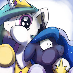 Size: 1200x1200 | Tagged: safe, artist:anticular, princess celestia, princess luna, alicorn, pony, ask sunshine and moonbeams, g4, against glass, duo, duo female, female, floppy ears, followers, fourth wall, hug, mare, silly princesses, squishy cheeks, tumblr