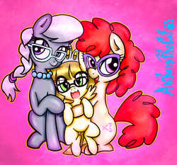 Size: 1463x1363 | Tagged: safe, artist:anibaruthecat, silver spoon, twist, zippoorwhill, earth pony, pegasus, pony, g4, adorkable, braid, cute, dork, female, filly, foal, glasses, happy, inquisitive harmony of glasses fillies, jewelry, looking at you, necklace, pearl necklace, silverbetes, smiling, tiara, twistabetes, zippoorbetes