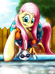 Size: 1200x1600 | Tagged: safe, artist:forevernyte, angel bunny, fluttershy, g4, female, floaty, inner tube, solo, swimming pool, water wings