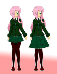 Size: 1928x2504 | Tagged: safe, artist:stalemeat, fluttershy, human, g4, alternate clothes, clothes, colored pupils, cutie mark hair accessory, ear piercing, earring, eye clipping through hair, female, humanized, jacket, jewelry, leggings, necktie, piercing, skirt, solo