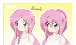 Size: 1200x708 | Tagged: safe, artist:stalemeat, fluttershy, human, g4, alternate hairstyle, blushing, bust, choker, clothes, duo, eye clipping through hair, female, humanized, smiling, solo