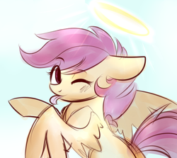 Size: 500x445 | Tagged: safe, artist:nerdponymod, scootaloo, g4, female, halo, solo, tongue out, wink