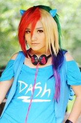 Size: 795x1200 | Tagged: safe, artist:danishahorusso, rainbow dash, human, g4, cosplay, headphones, irl, irl human, photo