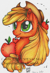 Size: 1120x1632 | Tagged: safe, artist:jennyshevchenko, artist:kattvalk, applejack, g4, apple, bust, chest fluff, colored, ear fluff, female, marker drawing, solo, traditional art, watermark