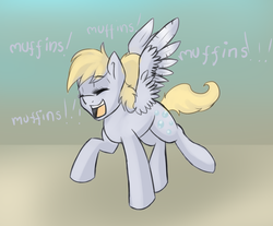 Size: 1024x847 | Tagged: safe, artist:rflzqt, derpy hooves, pegasus, pony, g4, eyes closed, female, happy, mare, muffin, solo, spread wings, that pony sure does love muffins