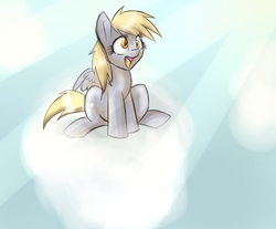 Size: 1024x847 | Tagged: safe, artist:rflzqt, derpy hooves, pegasus, pony, g4, cloud, cloudy, female, happy, mare, sitting, solo, spread wings