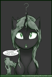 Size: 823x1200 | Tagged: artist needed, safe, oc, oc only, changeling, askchangeling185, green changeling, question mark, speech bubble