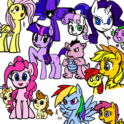 Size: 840x840 | Tagged: safe, artist:tory, apple bloom, applejack, fluttershy, pinkie pie, rainbow dash, rarity, scootaloo, spike, sweetie belle, twilight sparkle, g1, g4, cutie mark crusaders, duality, mane seven, mane six, pixiv