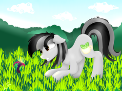 Size: 6666x5000 | Tagged: safe, artist:lace_felora, oc, oc only, earth pony, pony, absurd resolution, flower, grass, gray, solo