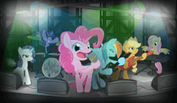 Size: 1100x637 | Tagged: safe, artist:twodeepony, applejack, fluttershy, pinkie pie, rainbow dash, rarity, twilight sparkle, g4, animated, band, drugs, female, guitar, keyboard, mane six, microphone, musical instrument, rarity is not amused, rock (music), stage, tambourine, unamused