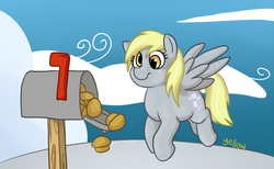 Size: 975x601 | Tagged: safe, artist:yellowbooze, derpy hooves, pegasus, pony, g4, female, mailbox, mare, muffin, solo